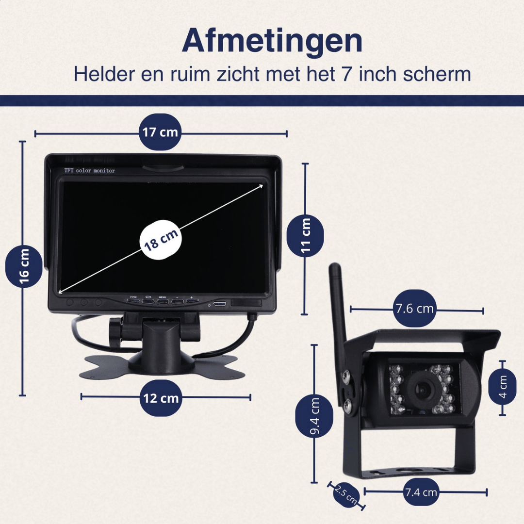 Draadloze Achteruitrijcamera – Voor Auto, Camper en Vrachtwagen – 7 Inch – IP67 – IR Nachtzicht